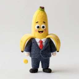 a needle felted cartoon humanoid banana wearing a suit, needle felting art.