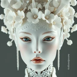 complex 3 d render hyper detailed ultra sharp beautiful futuristic stunning biomechanical humanoid woman with porcelain ivory face, close - up, filigree lace, iris van herpen daisies colras cyberpunk haute couture headdress with rhizomorph finials spires, brackets, fractal embroidered puffballs, octane render, 8 k