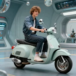 Young Mod of the 60s on a Quadrophenia Vespa Moto, full of mirror in a scene of the future year 2500