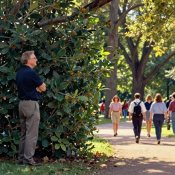 dr phil hiding in the bushes watching people walk through the park by norman rockwell