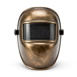 bronze welding mask, high detail macro photography, isolated on a pure white background, centered, entire object in frame, sharp focus, soft studio lighting