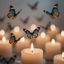 Macro photography of flock of small butterflies flying over candles symbolizing human souls, bokeh, defocus, rendered in Arnold rendered, 8K, realistic details, tense atmosphere