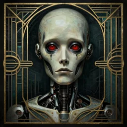 symmetrical semi - realistic modern art deco mysterious creepy portrait of automaton fearful in the style of michael hussar highly detailed sharp focus
