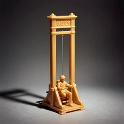 vintage analog product photography of a 1800s French guillotine made of plastic, studio lighting, film grain, color bleed