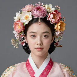 highly detailed portrait of a korean queen, wearing a crown of flowers by roger dean and alena aenami