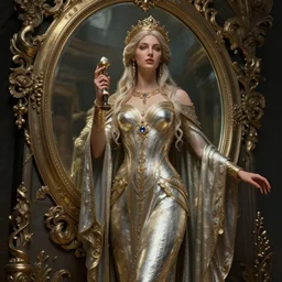 concept art of the goddess of the nether by greg rutkowski, ornate, mirror, robes, hyper - realistic, 4 k, unreal engine, highly detailed, dramatic lighting, beautiful