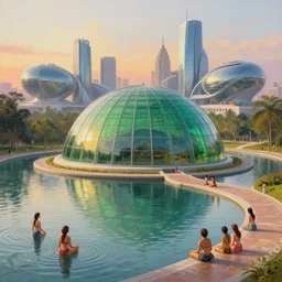 capital city of the free republic of liberland, pretty women enjoying water, humongous green glass dome and path around it and humongous futuristic glass buildings built in the horizon, sunset light, hyperdetailed, artstation, painting by gaston bussiere, craig mullins, j. c. leyendecker, 8 k
