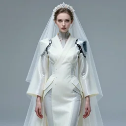 a digital portrait by ichiro tanida and mitsuo katsui of an european girl detailed features wearing a cyber kimono latex suit wedding dress - synthetic materials, by issey miyake