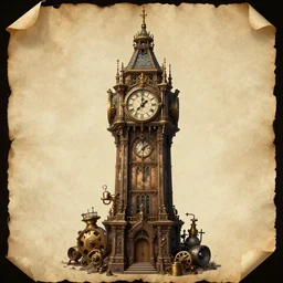 the impossible clock tower, steampunk, parchment