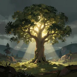 concept art by jama jurabaev, cel shaded, cinematic shot, trending on artstation, high quality, brush stroke, the tree of the world shining with the holy light in the valley