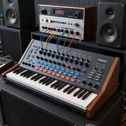 a synthesizer in cassette futurism, added modeled around the keyboard, tactile buttons, a large patch bay with hanging colored patch leads, surrounded by speakers and cabinets, roland, rackmounts, moog hd, 8 k, artstation, ultra detailed, high definition