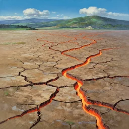 ground cracked open, fissures, magma glow, leylines, landscape painting by chuck jones makoto shinkai