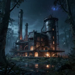industrial architecture by alvar aalto, at night alien at dusk crystal meadow nightvision assassin's creed gem cosmic matte painting bioshock forest dieselpunk water fantasy, archdaily, wallpaper, highly detailed, trending on artstation.