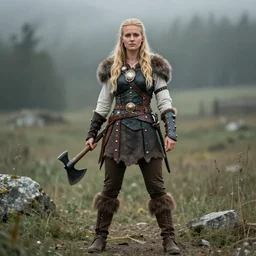 full shot photo of a real-life steampunk female viking with an axe