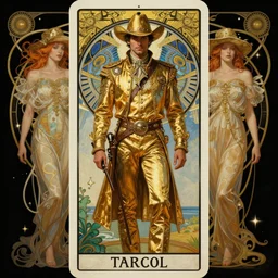 a dramatic ethereal epic symmetrical painting of a handsome cowboy in a gold outfit | tarot card, art deco, art nouveau,  (steampunk), homoerotic, realistic | by Mark Maggiori and ((((Alphonse Mucha))) | trending on artstation