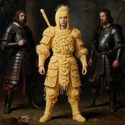 full body shot of half boy half rhibo made of spaghetti, intricate armor made of spaghetti fractals, ancient warrior, samurai style, by giuseppe arcimboldo and ambrosius benson, renaissance, intricate and intense oil paint, a touch of beksinski, realistic