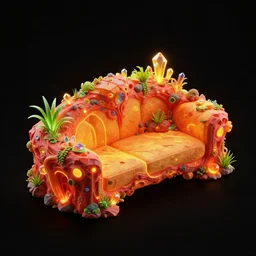 black background with an isometric red orange yellow neon sofa with a crazy unusual organic design based on alien bioluminescent nature aesthetic, it has plants growing onto it and is made out of rocks and glowy crystals in a maximalist hyper - detailed realistic design, an asset for a mobile game. low poly full black background behance masterpiece