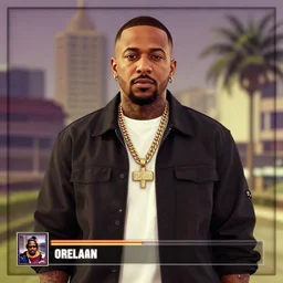 Orelsan (2020) in a GTA V loading screen,  posing alone, symmetrical face