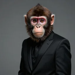 high quality portrait of a monkey wearing black suit, studio photograph, photograph, realistic photo, 8k photo, 4k photo, stock photo, high resolution, cinematic shot, high detail