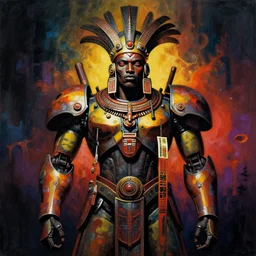portrait of mecha african tribal chief, symmetrical, dramatic lighting, colourful, art by zdzislaw beksinski,