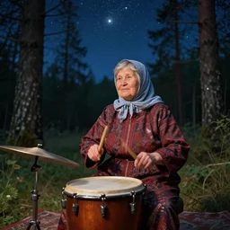 a babushka playing drums and in a forest with stars in the sky over her head