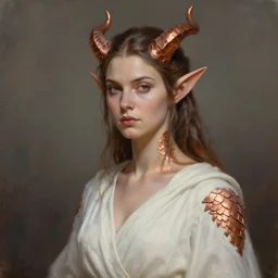 A detailed oil portrait of an elf woman with small copper devil horns and copper scales covering her arm and neck wearing a simple white robe, by greg rutkowski, trending on artstation, dungeon and dragons art