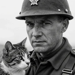 A soldier talking to a cat in world war 1, close-up, realistic face, beautiful face detail, mature facial features, black and white, amazing digital art, hyper detailed, artstation, in the style of Tony Sart