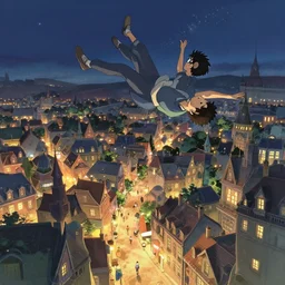 a young man falling from the sky towards a magical city with a european style at night, illustration concept art anime key visual trending pixiv fanbox by wlop and greg rutkowski and makoto shinkai and studio ghibli