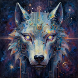 steam punk circuit board astral wolf mask oil painting of abstract surrealist forms by yvonne mcgillivray by mandy jurgens by michael divine, powerful eyes glowing highly detailed painting, spiritual abstract forms, symmetrical, trending on art station, abstract emotional, very beautiful, fantasy digital art, highly detailed patterned visionary art, magic symbols, by michael divine, cosmic nebula