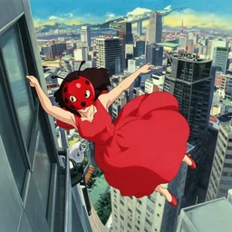 a woman in a red dress wearing a red ladybug mask falling from a building in Tokyo , film still from the an anime directed by Katsuhiro Otomo with art direction by Salvador Dalí, wide lens
