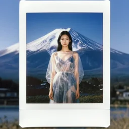 coherent symmetrical face, a instax photo of fuji mountain, a tall japanese girl in a transparent sheer fabric dress against the background of fuji mountain, severe snow, full body shot, perfect symmetrical body, coherent symmetrical eyes, by peter kemp, by monia merlo, hyperrealistic, hyperdetailed, octane render, 8 k