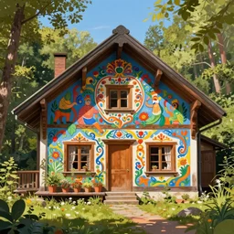 forest cottage, sunny day, vibrant colors, intricate mural, highly detailed, digital painting, trending on artstation, sharp focus, illustration, art by artgerm and greg rutkowski and magali villeneuve