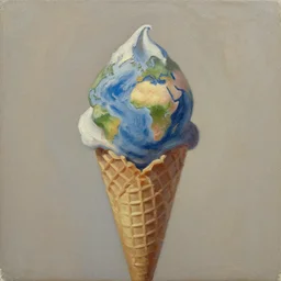 oil on canvas, earth on ice cream cone