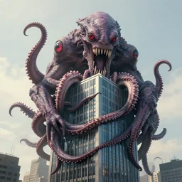 A very giant Kraken-like multi-eyed monster jumped up with its jaws on a high-rise office building and wrapped his tentacles all around him. High detail, front view, photorealism, concept art, octane render, zoom, 8k. Ted Nasmith style.