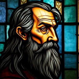1 0 th century stained glass window, side - view portrait of a 6 0 year old man, amber eyes, long grey hair, zappa beard, detailed and masterful, backlit