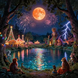 a night carnival around a magical tree cavity, with a surreal orange moonlight and fireworks in the background, next to a lake with iridiscent water, christmas lights, volumetric lightning, folklore creatures and fantastic animals and people disguised as fantastic creatures in a magical forest by summer night, masterpiece, underwater scene vibe, masterpiece painted by bernardo bellotto, scene by night, colored lights, iridiscent glares, dark night environment, refraction lights, glares