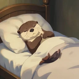 Rendering of a sleepy otter in a bed, by Makoto Shinkai and thomas kinkade, Matte painting,trending on artstation and unreal engine