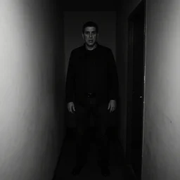Ted Cruz standing in a narrow corridor, black and white, creepy lighting, poor visibility, scary, horror, eerie, fear