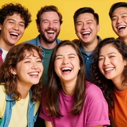 this is a photo of a group of friends laughing together. the colors are very vibrant and the people in the photo look very happy. vibrant colors, very funny, personal, positive, visually pleasing, engaging and contains humans. high resolution. high quality. hq hd. trending on artstation.