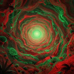 psychedelic landscape, red and green tones, high detailed, centered, depth effect, concept art, trending on artstation