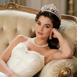 a photo of young sophia loren, posing as a queen, lounging on expensive sofa, wearing tiara, pearl necklace, intricate gown, sharing a pizza!!!! margherita!! with dance crew, beautiful, stunning, golden lighting, exquisit detail, masterpiece, burlesque photo by letizia battaglia