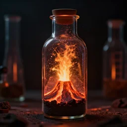 volcanic eruption in a bottle, 8 k, volumetric lighting, light caustics, photorealistic, cinematic