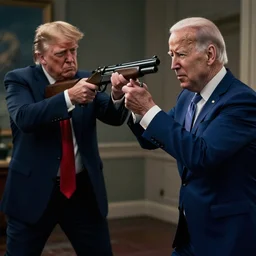 joe biden as the terminator executing t-1000 Donald Trump with a shotgun, dramatic lighting, cinematic, establishing shot, extremly high detail, photorealistic, cinematic lighting, artstation, style by James Gurney