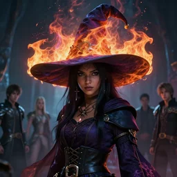 a fancy portrait of a beautiful dark magician girl with a large witches hat covered in colourfull flames by Greg Rutkowski, Sung Choi, Mitchell Mohrhauser, Maciej Kuciara, Johnson Ting, Maxim Verehin, Peter Konig, final fantasy , mythical, 8k photorealistic, cinematic lighting, HD, high details, atmospheric,