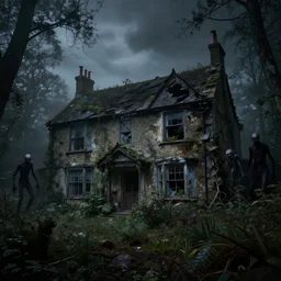 photorealistic, ruined english bungalow at night, overgrown vegetation, in the forest, apocalypse, very dark, fog, skinny evil creatures, hell scape, horrifying, hyperrealistic, grimdark, art by tsutomu nihei