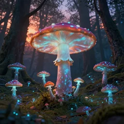cinematic artwork, beautiful fantasy bioluminescent mushroom forest at sunset, digital art, trending on artstation, 4k by greg rutowski, masterpiece