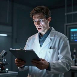 scientist is holding a folder, he is in shock, dark building, the folder glows and lights up his face, professional lighting, 3 d digital modeling, movie scene, concept art, detailed art,