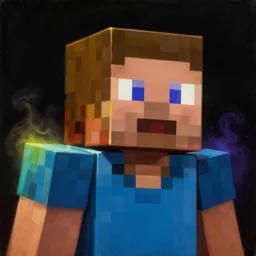 a baroque neoclassicist close - up painting of minecraft steve. reflective detailed textures. glowing colorful fog, black background. highly detailed fantasy science fiction painting by moebius, norman rockwell, frank frazetta, and syd mead. rich colors, high contrast. artstation