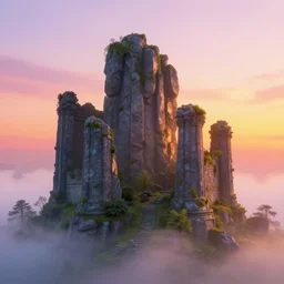 mystical ruins, volumetric lighting, sunrise, vivid, fog