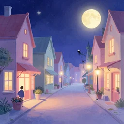 curved perspective digital art of a summer night small town street pastel colors from nightmare before christmas by anton fadeev